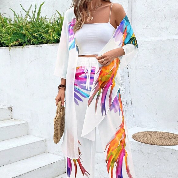 MODA ME COUTURE Tops - Yellow Casual Women's Tropical Floral 3/4 Sleeve Cardigan & Pants Set